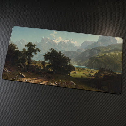 Lake Lucerne Albert Bierstadt Playmat at an angle on a gaming desk