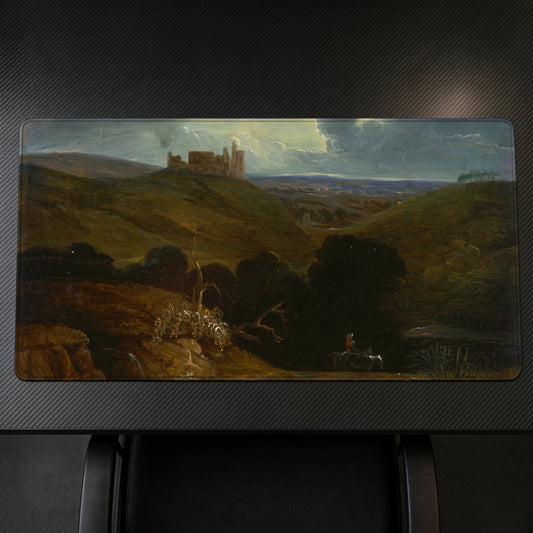 Landscape with a Castle John Martin Playmat on a gaming desk, top-down view