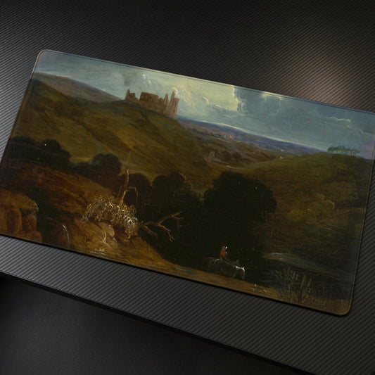 Landscape with a Castle John Martin Playmat at an angle on a gaming desk