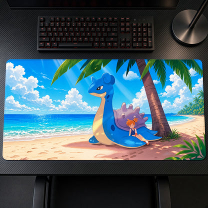 Lapras Tropical Beach Pokémon Playmat on a gaming desk, top-down view
