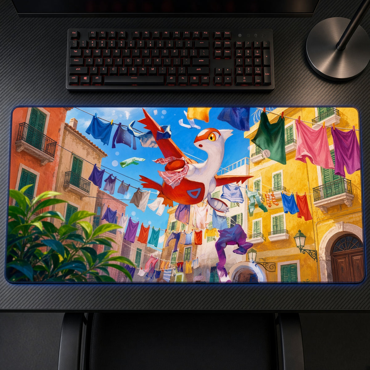 Latias and Latios Colorful City Pokémon Playmat on a gaming desk, top-down view