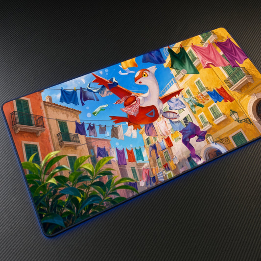 Latias and Latios Colorful City Pokémon Playmat at an angle on a gaming desk