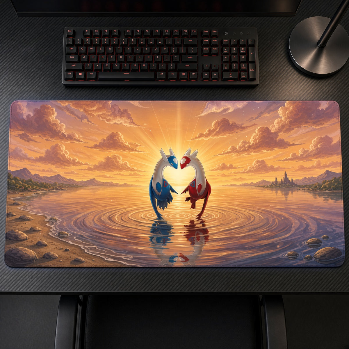 Latios and Latias Sunset Sea Pokémon Playmat on a gaming desk, top-down view
