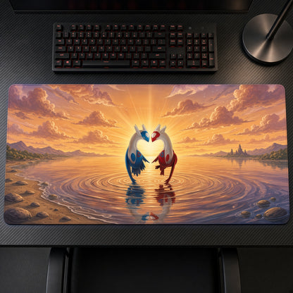 Latios and Latias Sunset Sea Pokémon Playmat on a gaming desk, top-down view