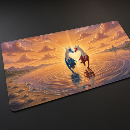 Latios and Latias Sunset Sea Pokémon Playmat at an angle on a gaming desk