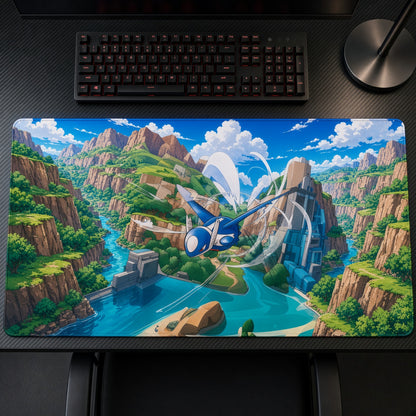 Latios River Valley Pokémon Playmat on a gaming desk, top-down view