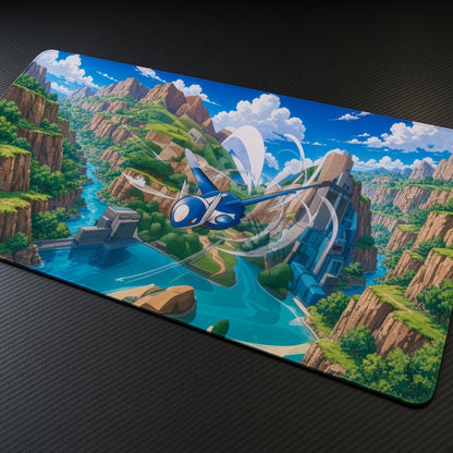 Latios River Valley Pokémon Playmat at an angle on a gaming desk
