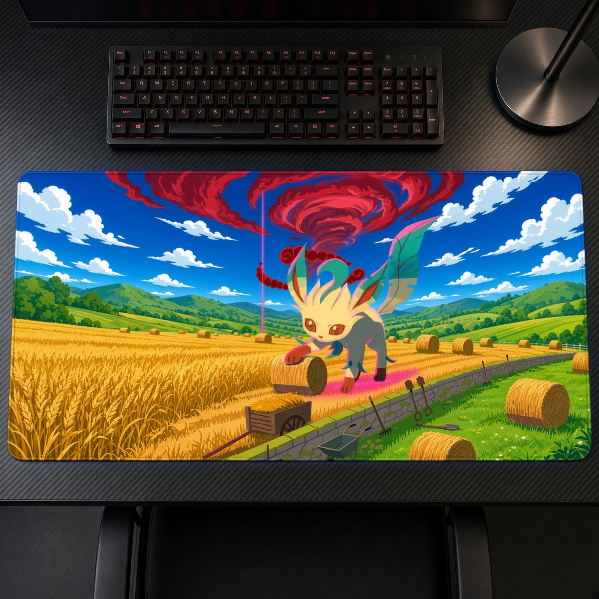 Leafeon Wheat Field Pokémon Playmat on a gaming desk, top-down view