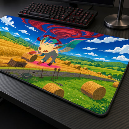 Leafeon Wheat Field Pokémon Playmat at an angle with keyboard and mouse