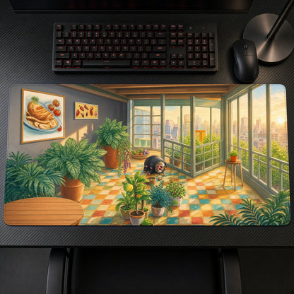 Lechonk Sunroom Pokémon Playmat on a gaming desk, top-down view