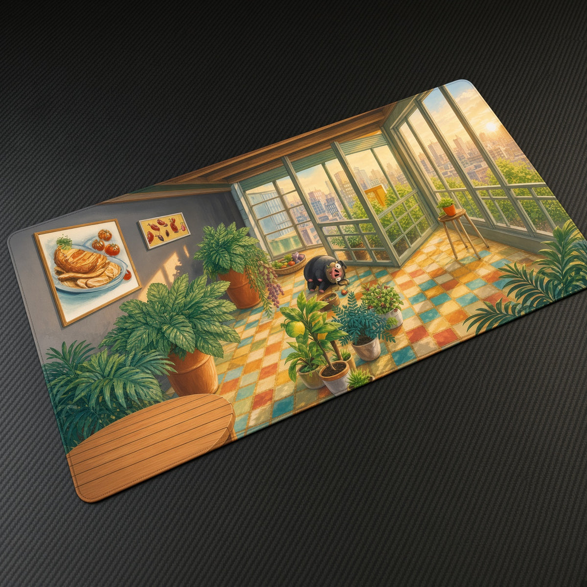 Lechonk Sunroom Pokémon Playmat at an angle with keyboard and mouse