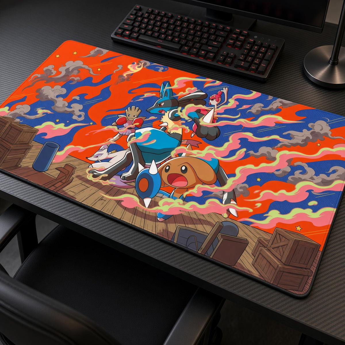Lucario Fighting Team Pokémon Playmat at an angle with keyboard and mouse
