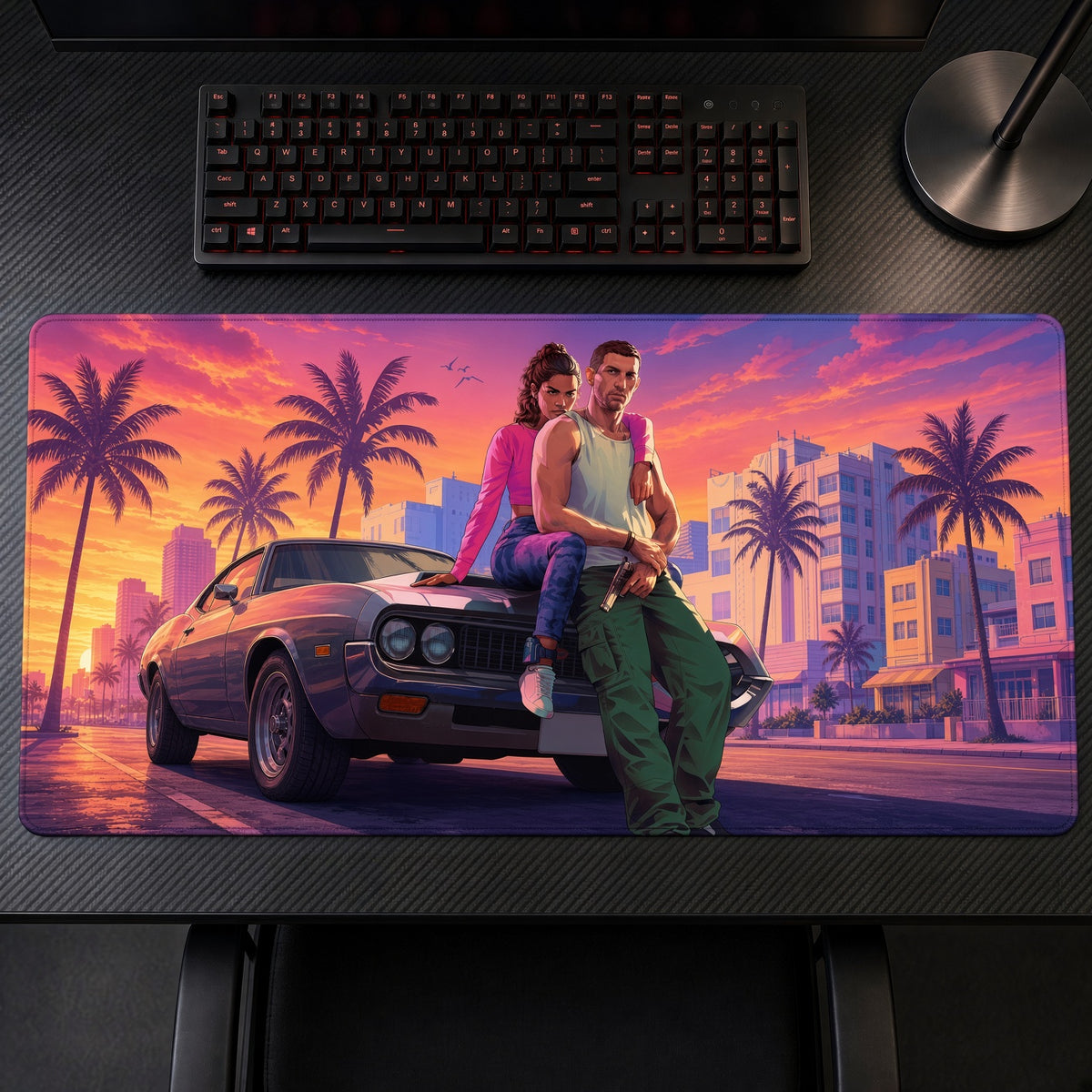 Lucia and Jason Vice City GTA VI Playmat on a gaming desk, top-down view
