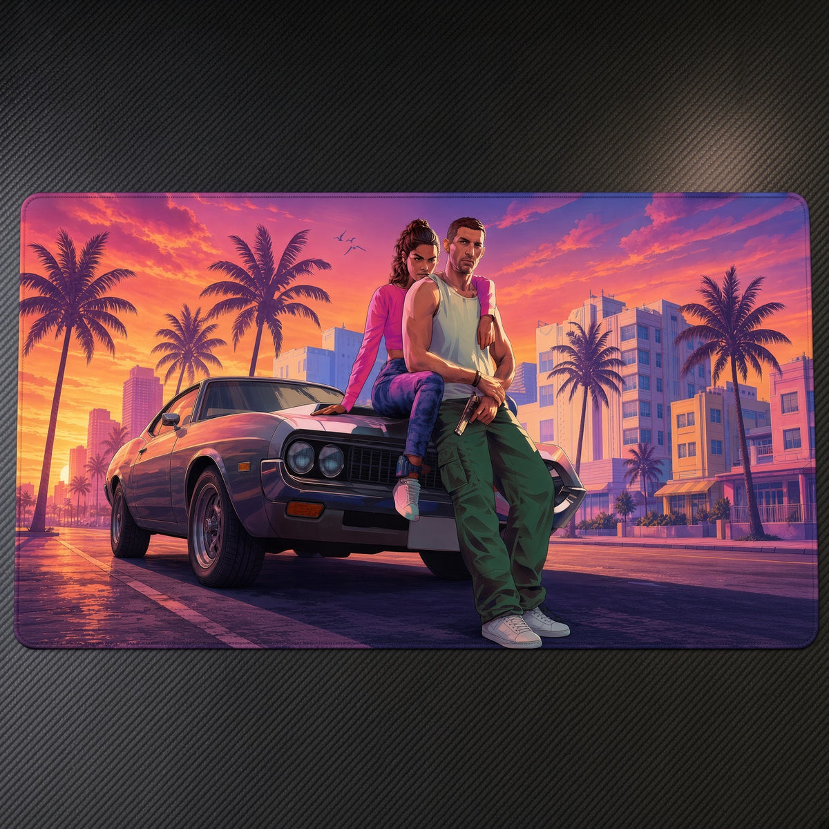 Lucia and Jason Vice City GTA VI Playmat at an angle on a gaming desk