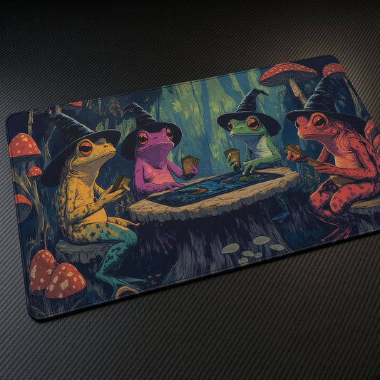 Frog Wizard's Arcana playmat at an angle on a gaming desk