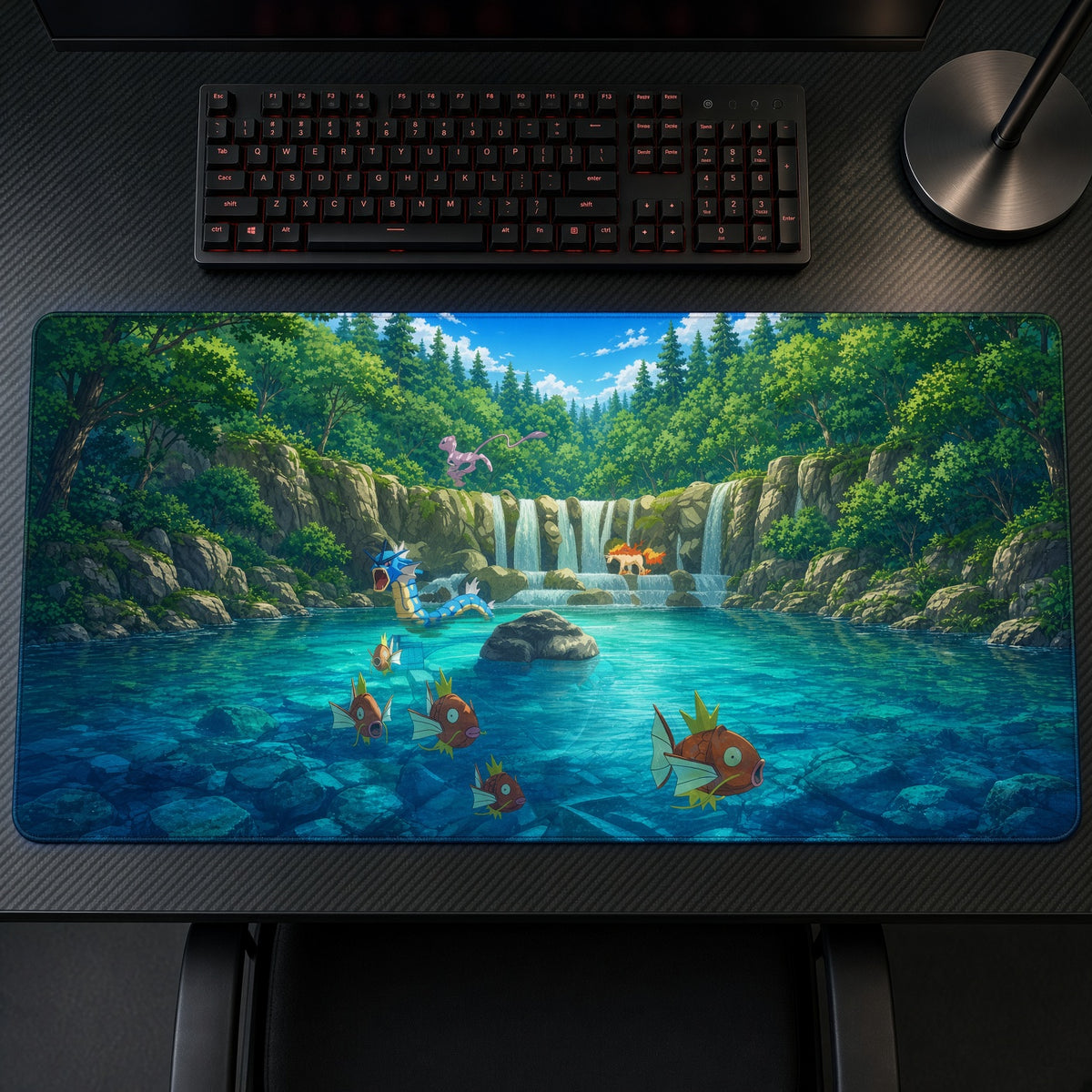 Magikarp Waterfall Pond Pokémon Playmat on a gaming desk, top-down view