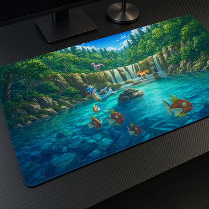 Magikarp Waterfall Pond Pokémon Playmat at an angle with keyboard and mouse