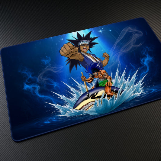 Mako Tsunami Legendary Fisherman Surf Yu-Gi-Oh Playmat at an angle on a gaming desk