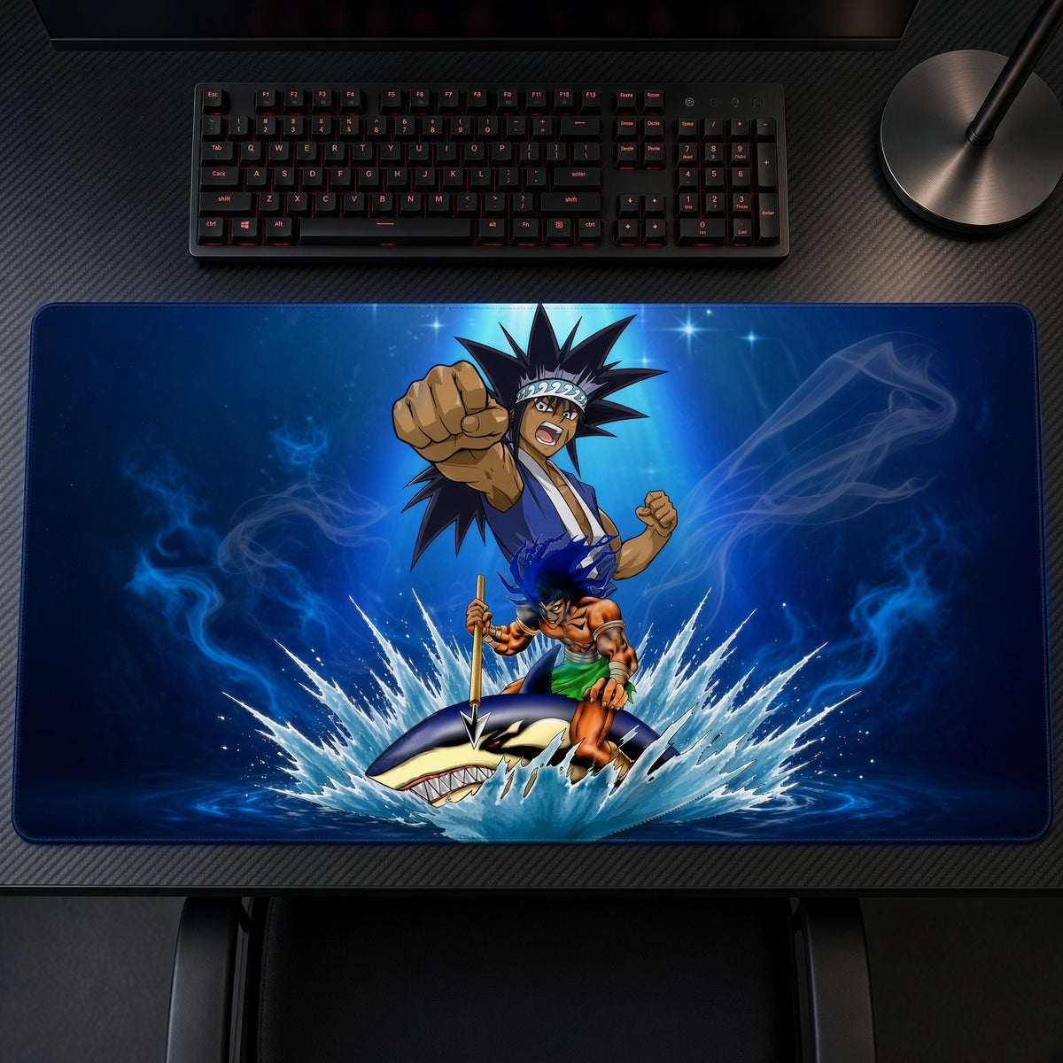 Mako Tsunami Legendary Fisherman Surf Yu-Gi-Oh Playmat on a gaming desk, top-down view
