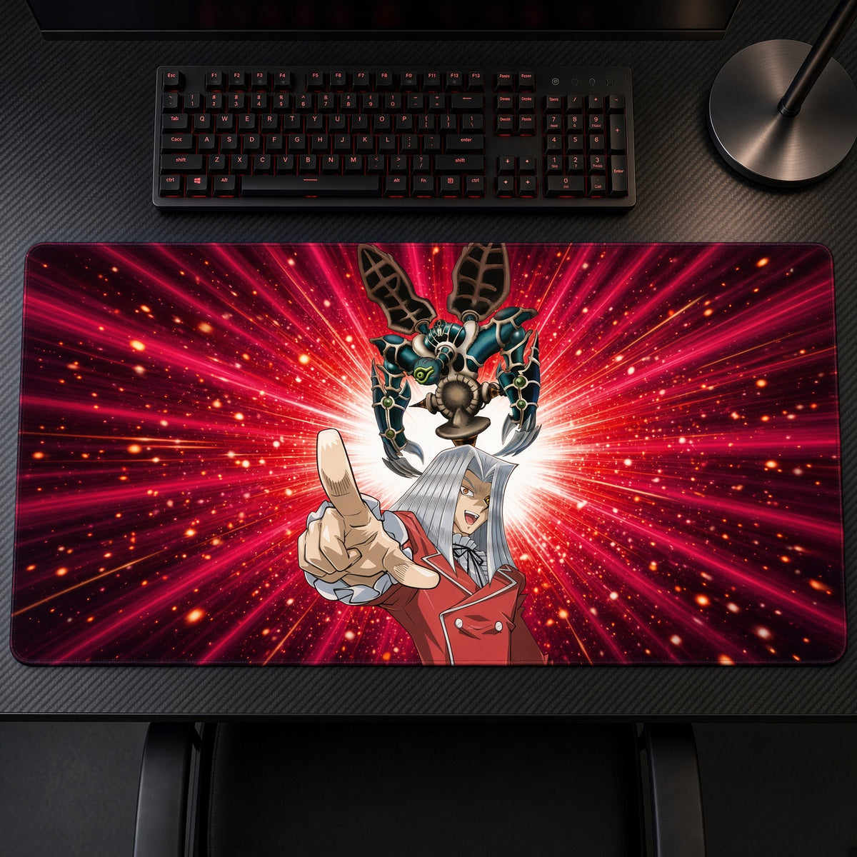 Maximillion Pegasus Toon World Yu-Gi-Oh! Playmat on a gaming desk, top-down view