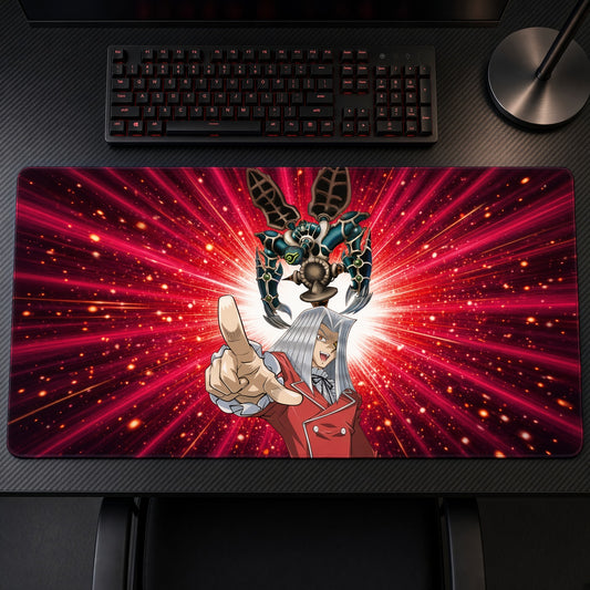 Maximillion Pegasus Toon World Yu-Gi-Oh! Playmat on a gaming desk, top-down view