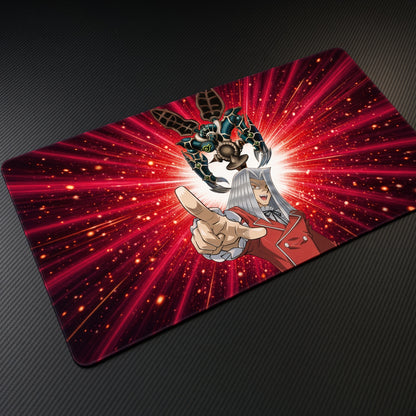 Maximillion Pegasus Toon World Yu-Gi-Oh! Playmat at an angle on a gaming desk