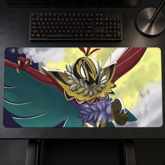 Mega Hawlucha Off The Top Rope playmat on a gaming desk, top-down view