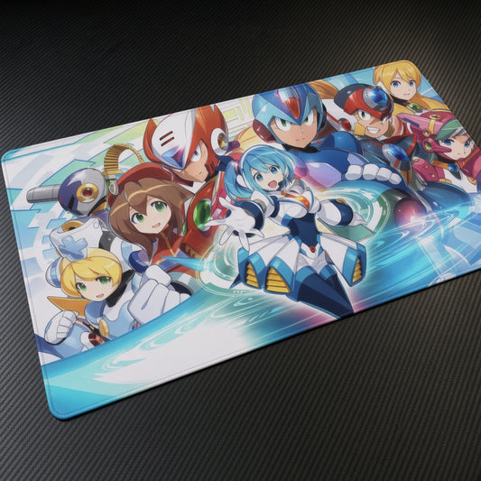 Mega Man Blue Bomber playmat at an angle on a gaming desk
