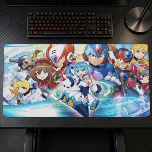 Mega Man Blue Bomber playmat on a gaming desk, top-down view