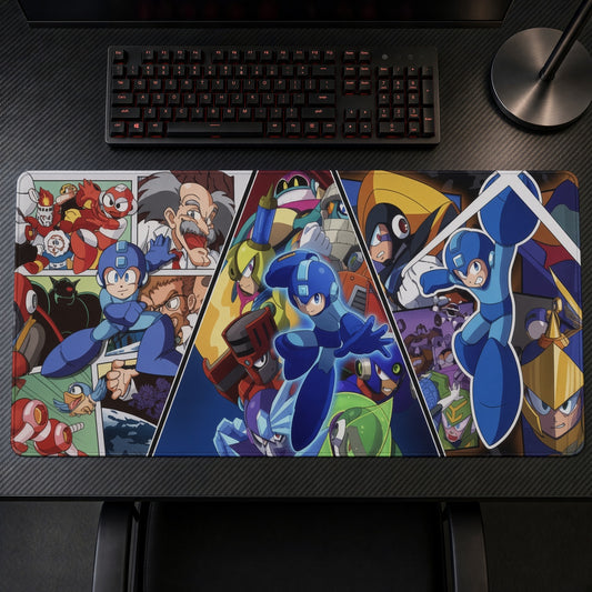Mega Man Zero playmat on a gaming desk, top-down view