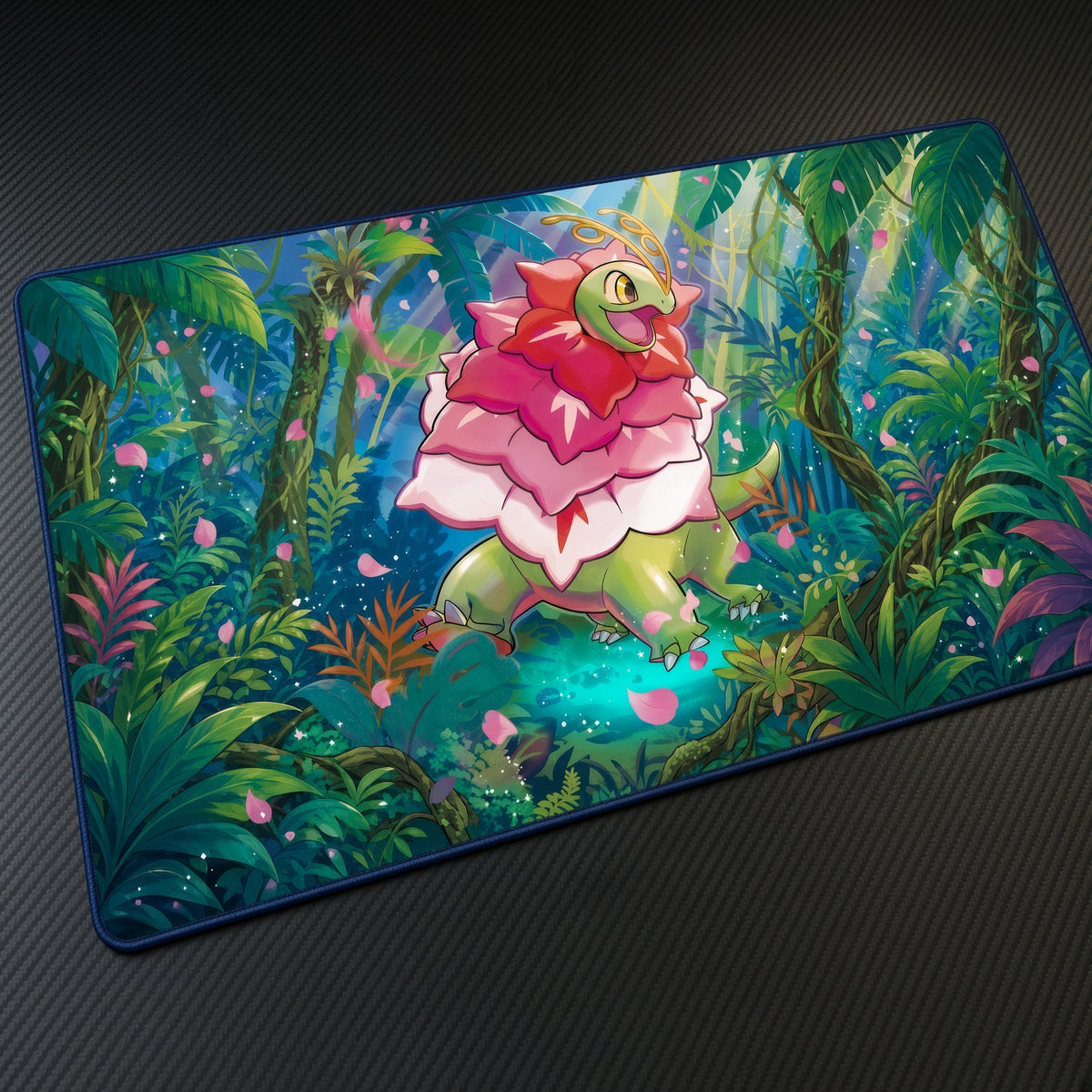 Meganium Jungle Clearing Pokémon Playmat at an angle on a gaming desk