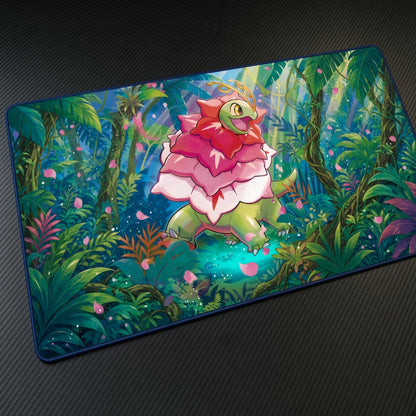 Meganium Jungle Clearing Pokémon Playmat at an angle on a gaming desk