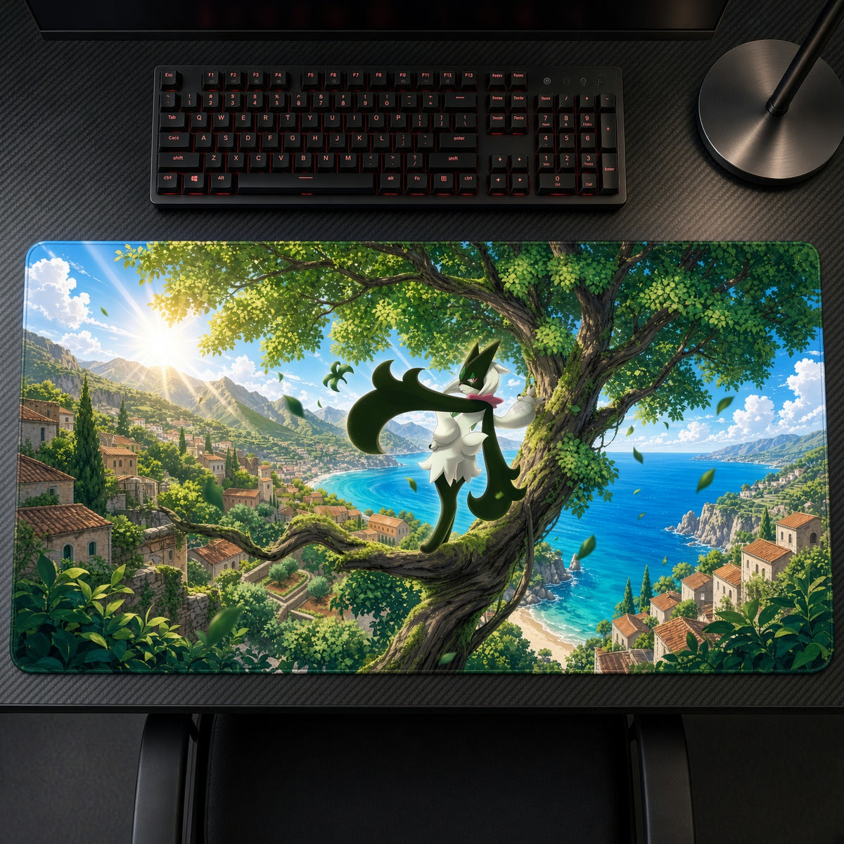 Meowscarada Seaside Tree Pokémon Playmat on a gaming desk, top-down view