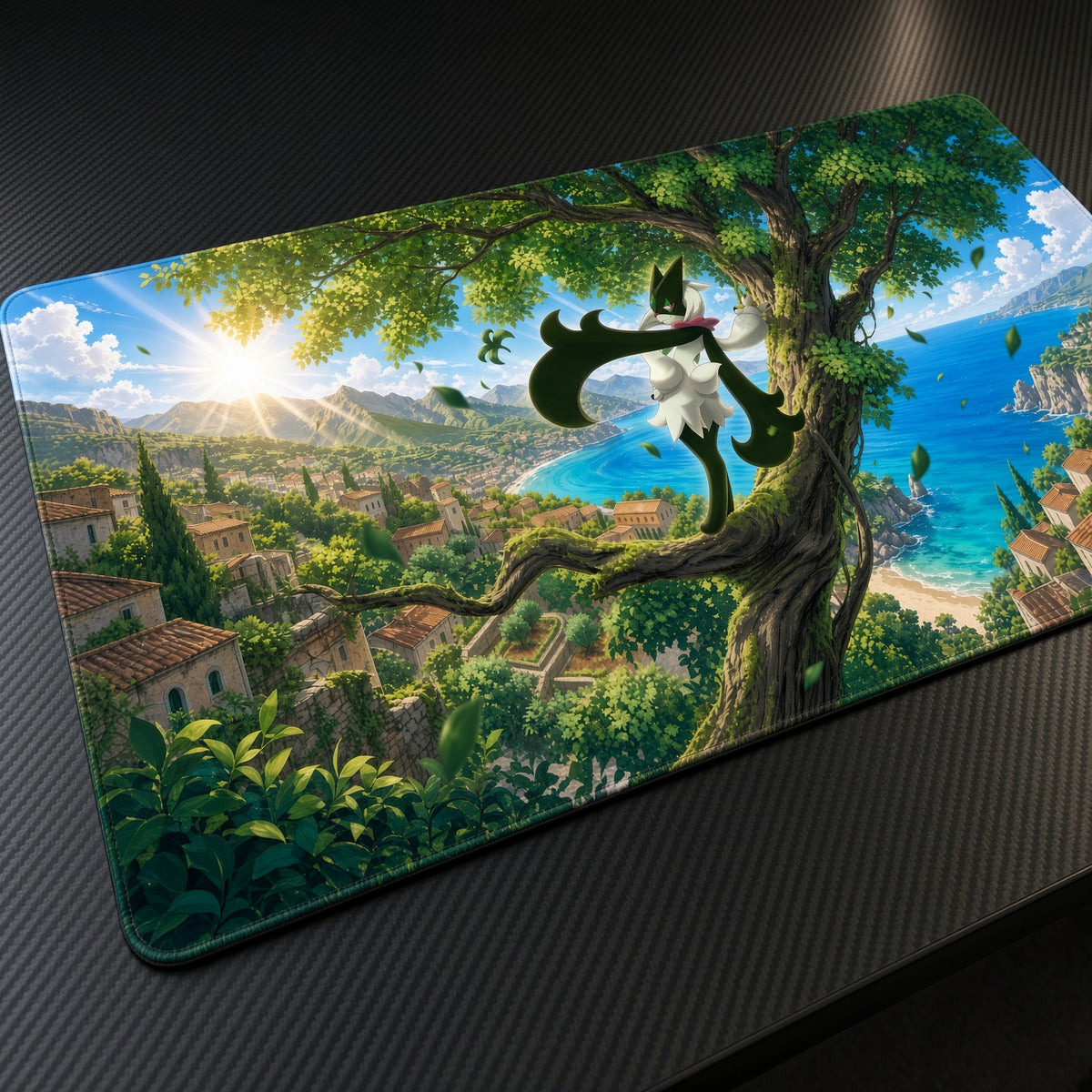 Meowscarada Seaside Tree Pokémon Playmat at an angle with keyboard and mouse