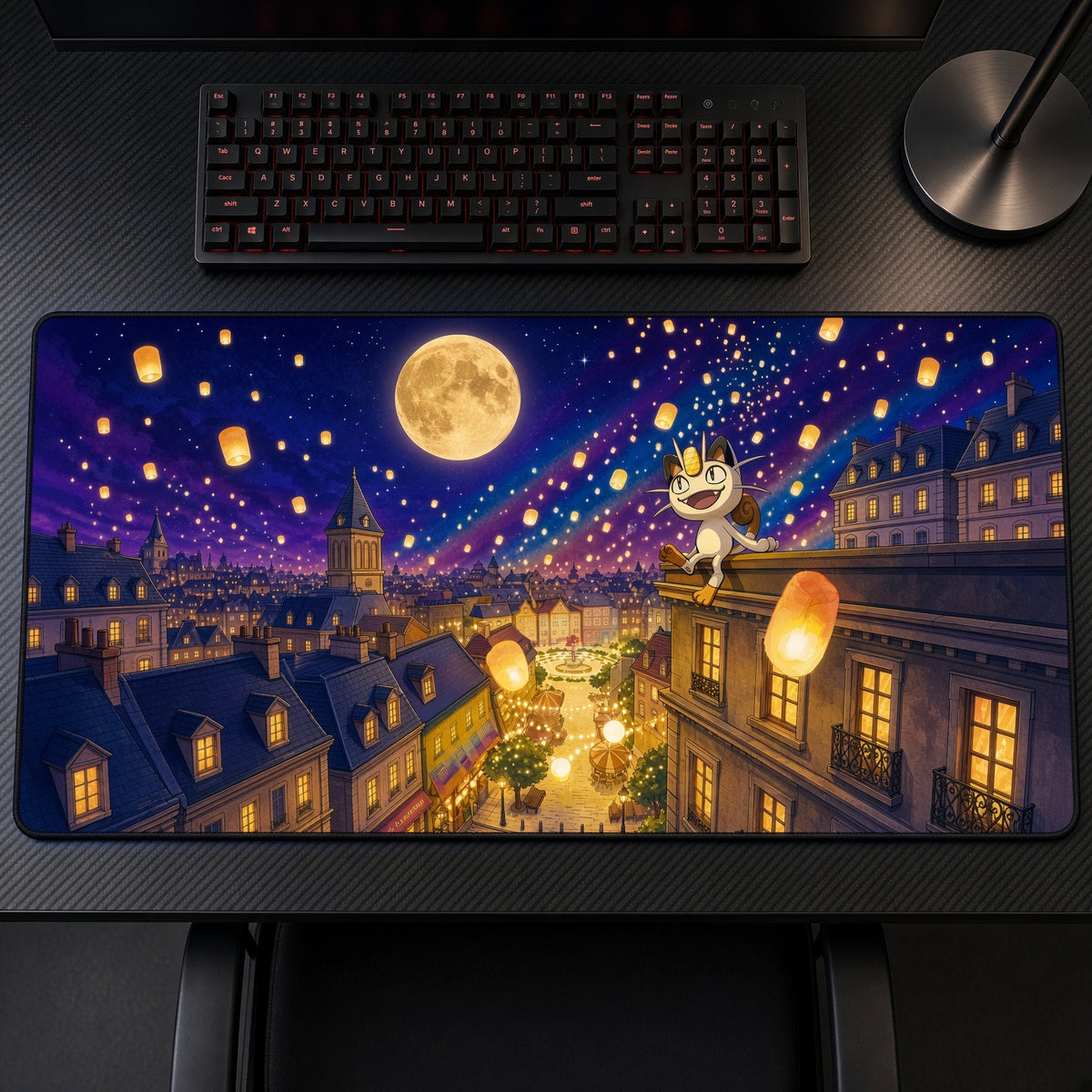 Meowth Lantern Festival Pokémon Playmat on a gaming desk, top-down view