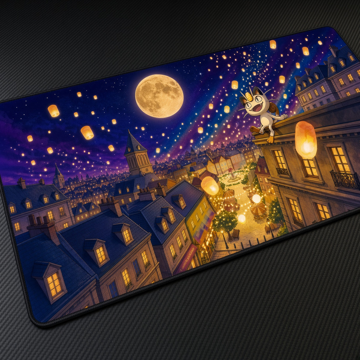 Meowth Lantern Festival Pokémon Playmat at an angle with keyboard and mouse