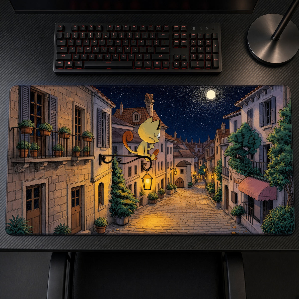 Meowth Night Village Pokémon Playmat on a gaming desk, top-down view