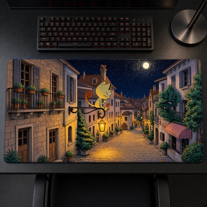 Meowth Night Village Pokémon Playmat on a gaming desk, top-down view