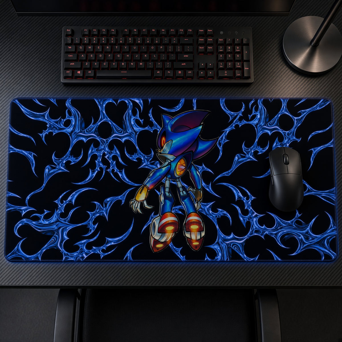 Metal Sonic Blue Tribal Playmat on a gaming desk, top-down view