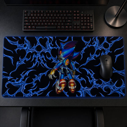 Metal Sonic Blue Tribal Playmat on a gaming desk, top-down view