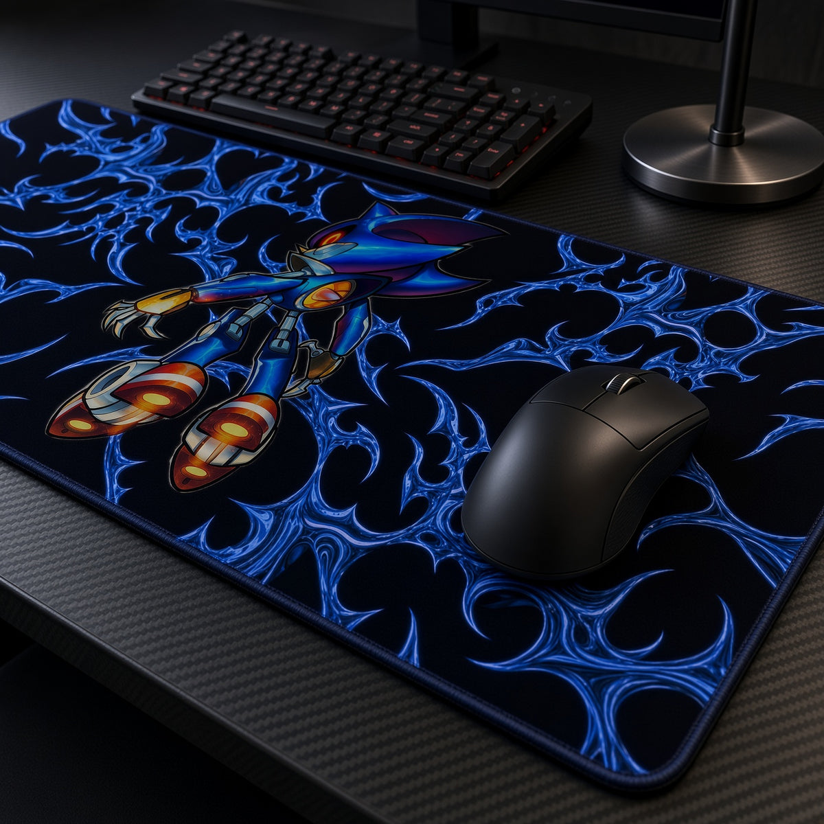 Metal Sonic Blue Tribal Playmat at an angle with keyboard and mouse