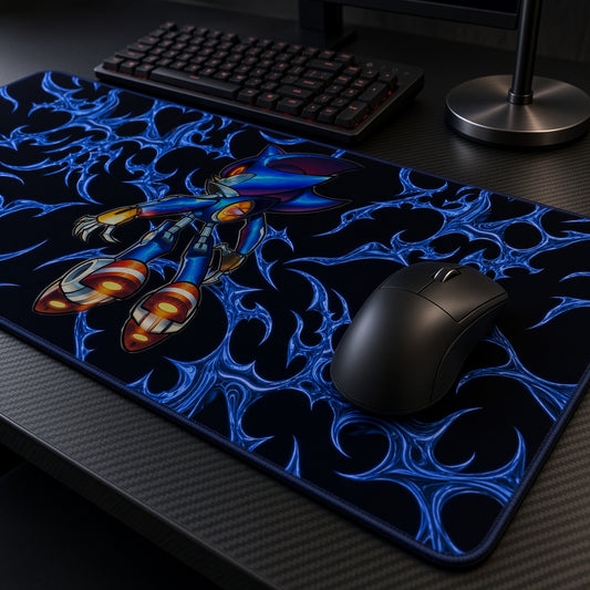 Metal Sonic Blue Tribal Playmat at an angle with keyboard and mouse