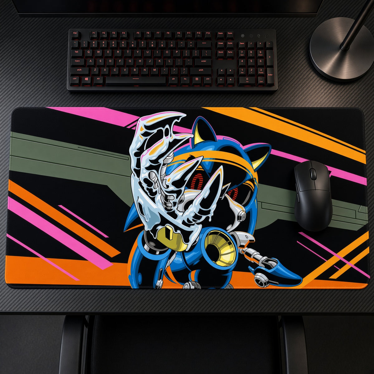 Metal Sonic Neon Playmat on a gaming desk, top-down view