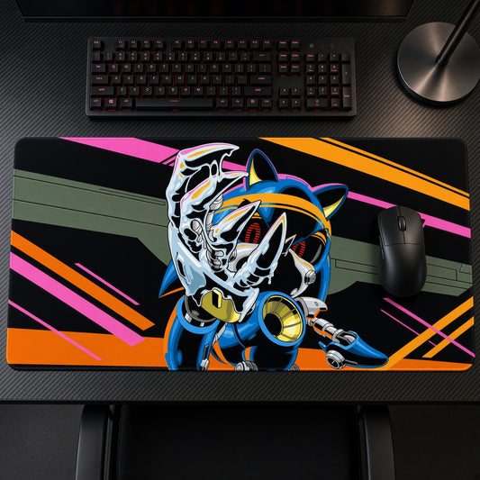 Metal Sonic Neon Playmat on a gaming desk, top-down view