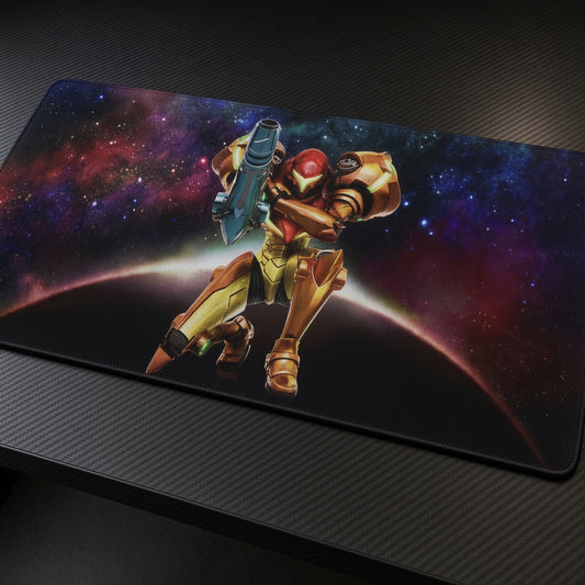 Samus Aran Mother Brain playmat at an angle on a gaming desk