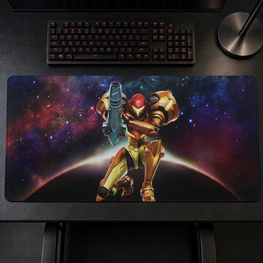Samus Aran Mother Brain playmat on a gaming desk, top-down view
