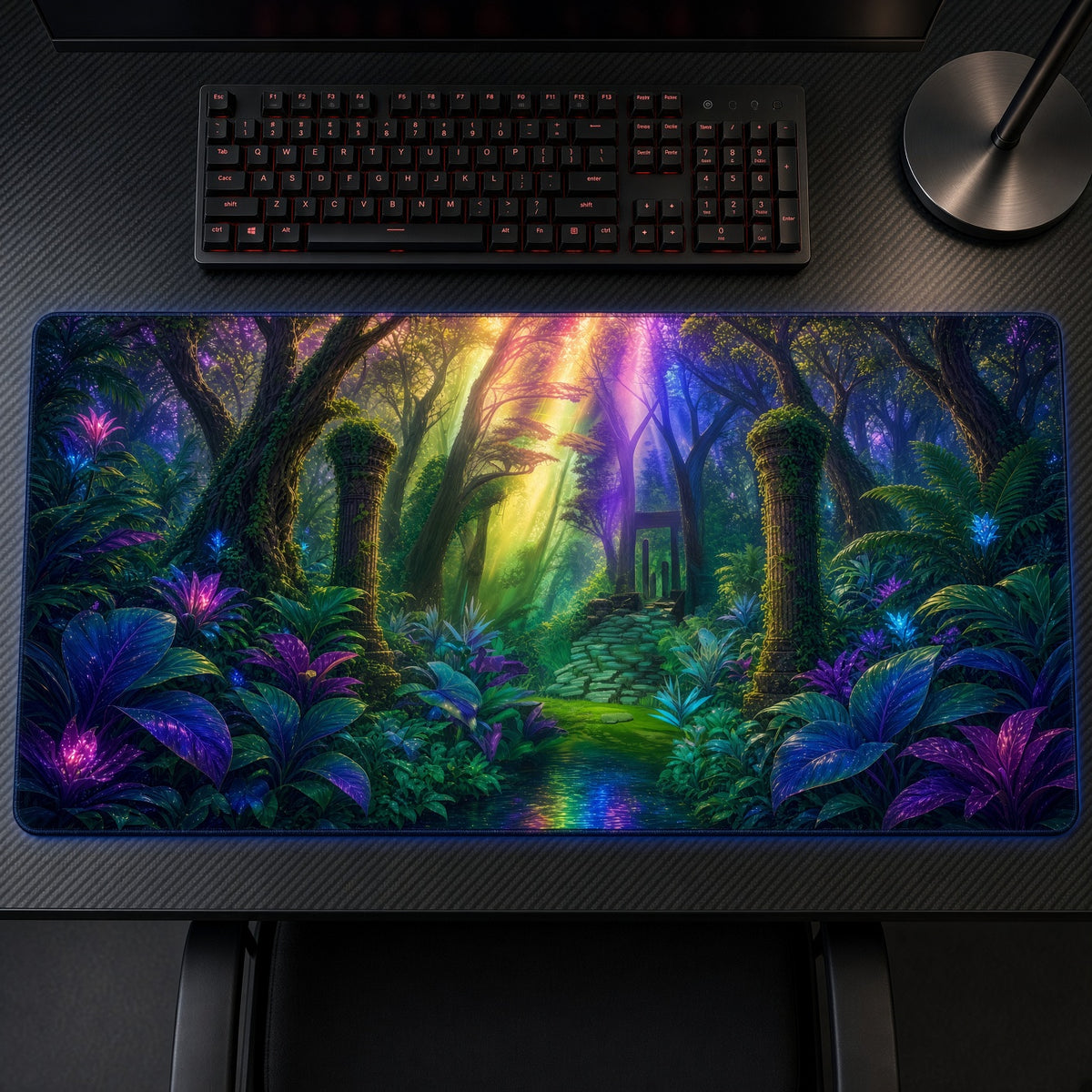 Mew Enchanted Jungle Pokémon Playmat on a gaming desk, top-down view
