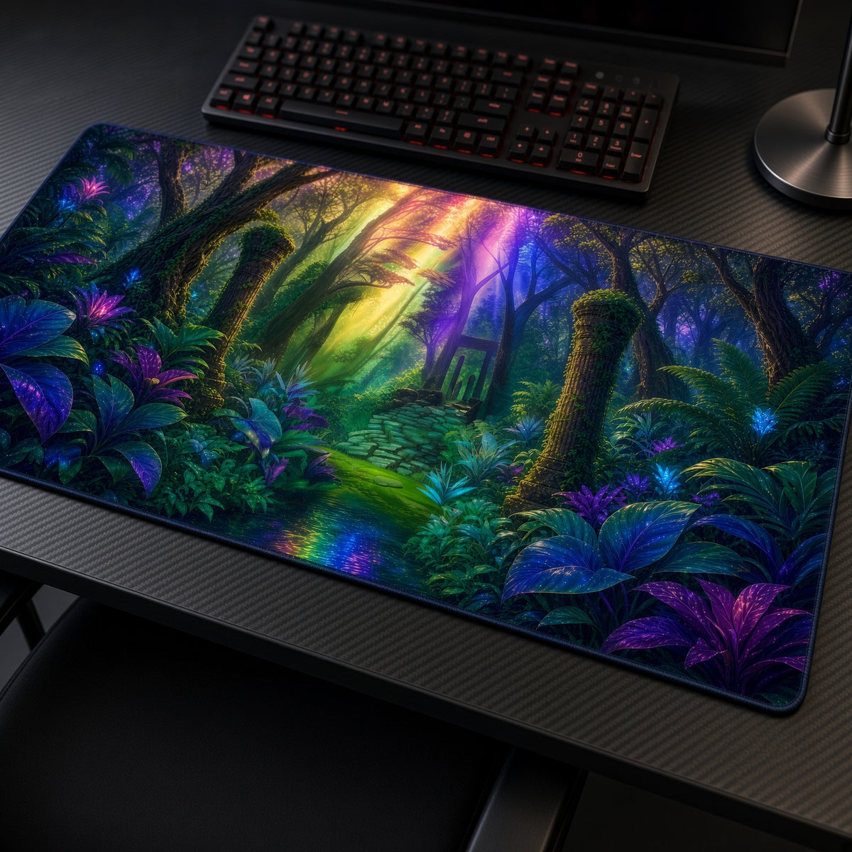 Mew Enchanted Jungle Pokémon Playmat at an angle with keyboard and mouse