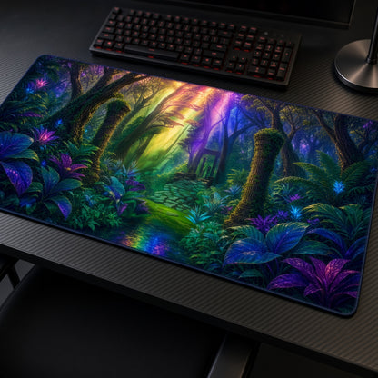 Mew Enchanted Jungle Pokémon Playmat at an angle with keyboard and mouse