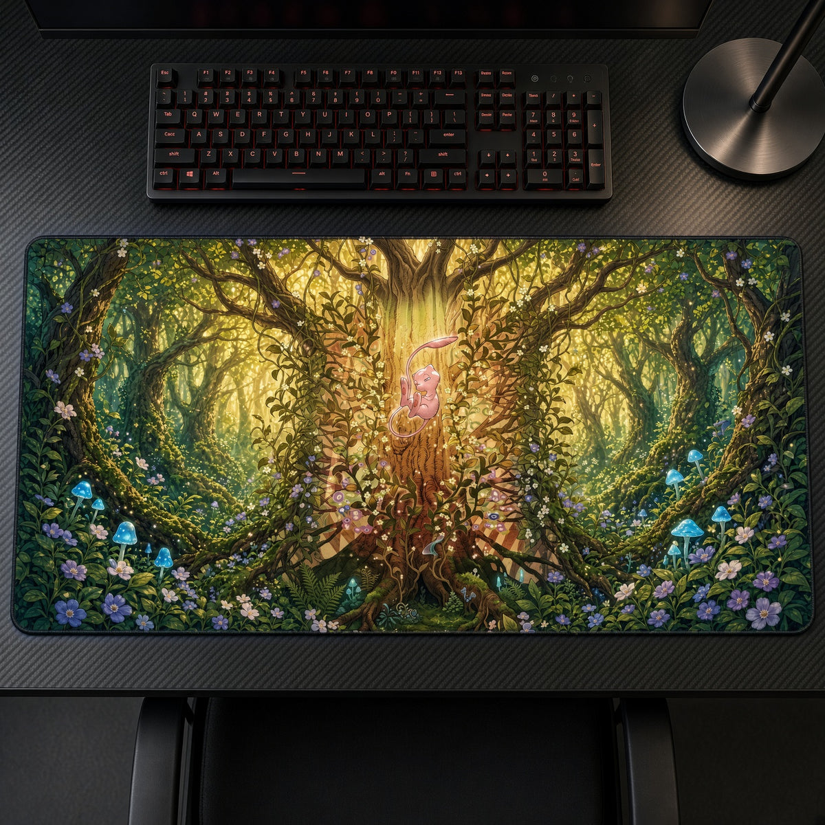 Mew Golden Tree Forest Pokémon Playmat on a gaming desk, top-down view